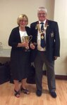Club President Chris Cox presenting the Trophy for the most improved bowler of 2017 to Joy Williams. This Trophy was given by Maureen and Chris Cox to be voted for by the members of the club who they considered had improved most during the season.